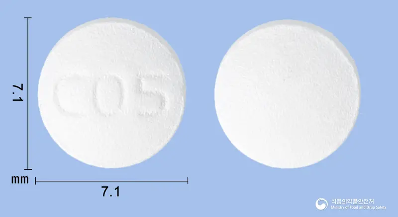 크레아진플러스정10/5mg 앞뒤 사진 (흰색 원형, 각인 C05)