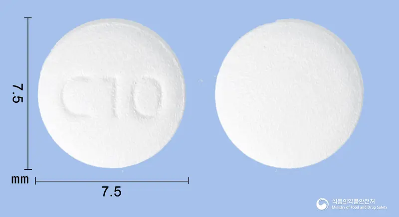 크레아진플러스정10/10mg 앞뒤 사진 (흰색 원형, 각인 C10)