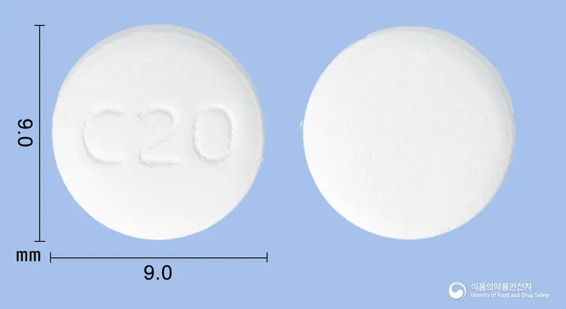 크레아진플러스정10/20mg 앞뒤 사진 (흰색 원형, 각인 C20)