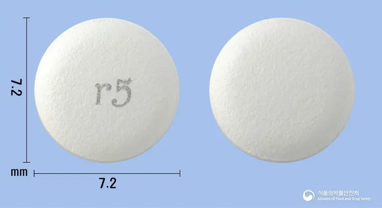 크레스티브정10/5mg 앞뒤 사진 (흰색 원형, 각인 r5)