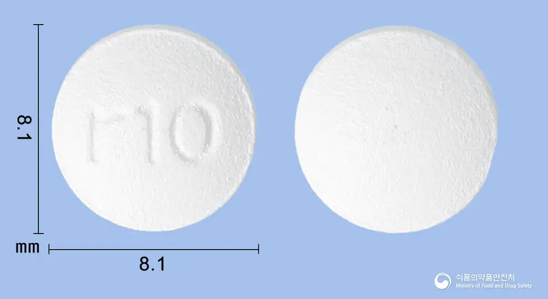 크레스티브정10/10mg 앞뒤 사진 (흰색 원형, 각인 r10)