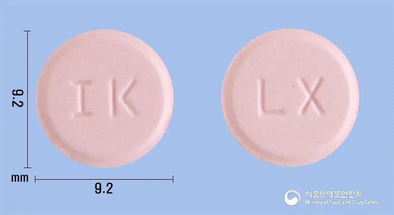 로프로펜정(록소프로펜나트륨수화물) 앞뒤 사진 (분홍색 원형, 각인 IK / LX)