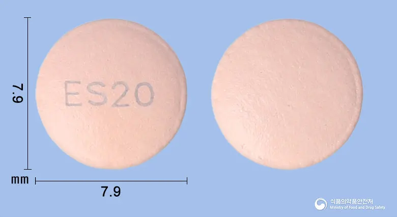 에소라졸정20mg(에스오메프라졸마그네슘삼수화물) 앞뒤 사진 (분홍색 원형, 각인 ES20)