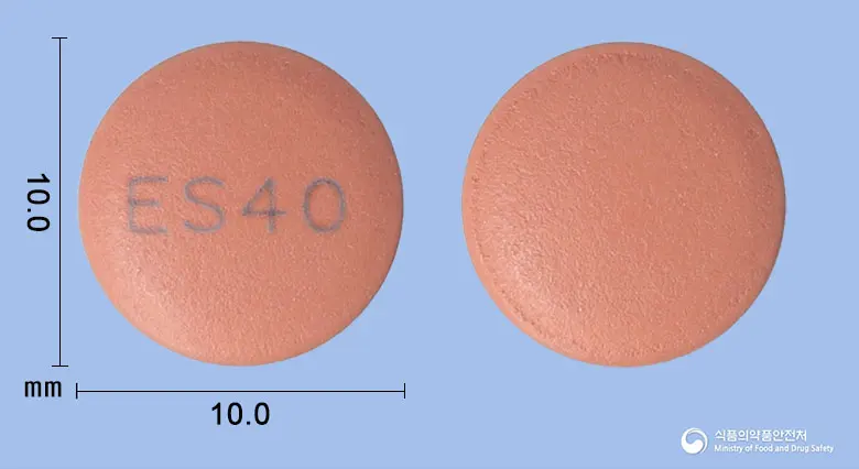 에소라졸정40mg(에스오메프라졸마그네슘삼수화물) 앞뒤 사진 (분홍색 원형, 각인 ES40)