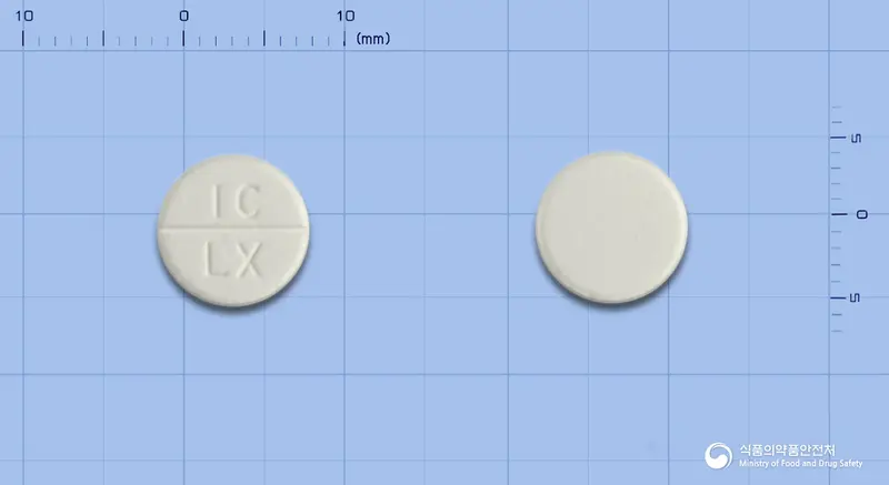 록소프로진정60mg(록소프로펜나트륨수화물) 앞뒤 사진 (흰색 원형, 각인 IC LX)