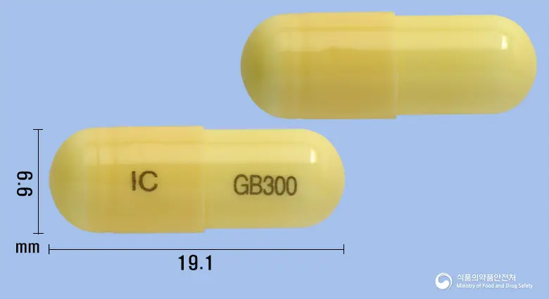 아바펜캡슐300밀리그램(가바펜틴) 앞뒤 사진 (노란색 캡슐, 각인 IC GB300)