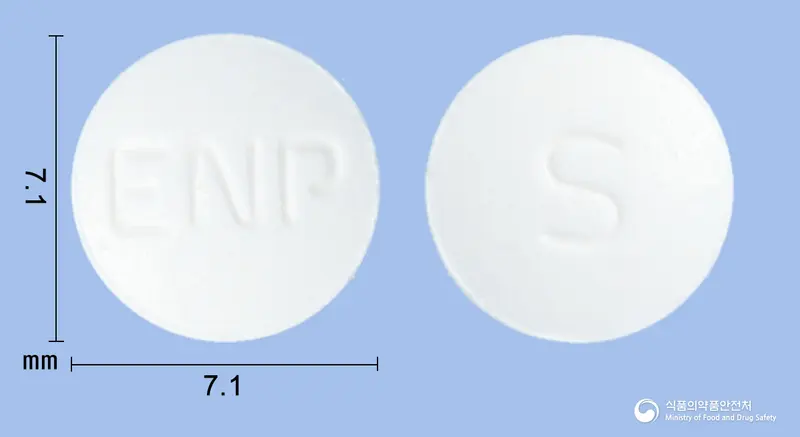 메프솔정4mg(메틸프레드니솔론) 앞뒤 사진 (흰색 원형, 각인 ENP / S)