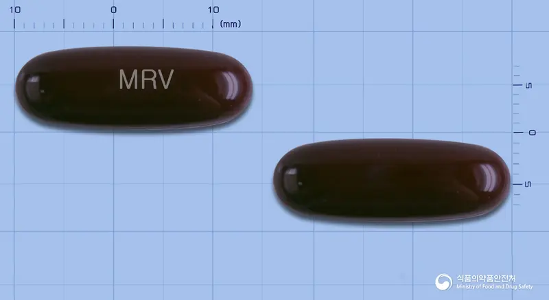 보령마그락비타연질캡슐 앞뒤 사진 (갈색 캡슐, 각인 MRV)