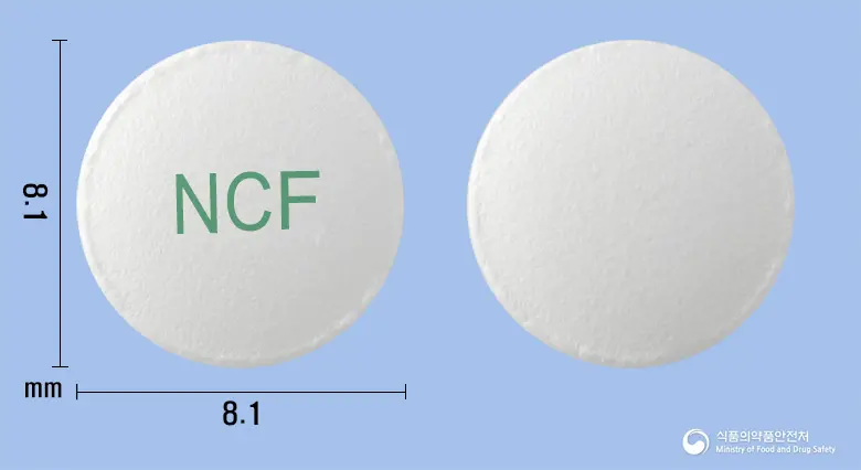 뉴클로페낙정(아세클로페낙) 앞뒤 사진 (흰색 원형, 각인 NCF)
