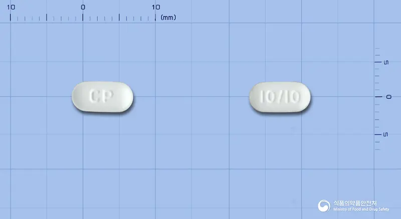 듀오토린정10/10mg 앞뒤 사진 (흰색 장방형, 각인 CP / 10/10)
