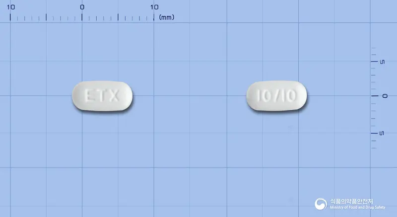 임펙트윈정10/10mg 앞뒤 사진 (흰색 장방형, 각인 ETX / 10/10)