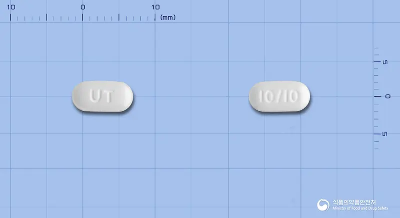 심펙스듀오정10/10mg 앞뒤 사진 (흰색 장방형, 각인 UT / 10/10)