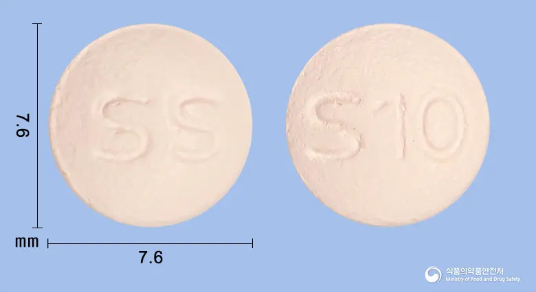 삼성솔리페나신정10mg(솔리페나신숙신산염) 앞뒤 사진 (분홍색 원형, 각인 SS / S10)