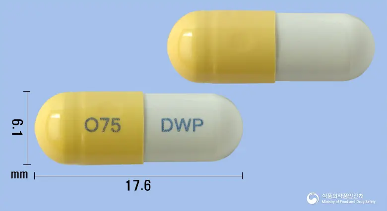 오셀타원캡슐75mg(오셀타미비르인산염) 앞뒤 사진 (노란색 캡슐, 각인 O75 DWP)