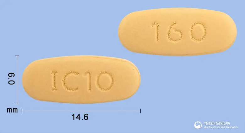아미포지정10/160밀리그램 앞뒤 사진 (노란색 타원형, 각인 IC10 / 160)