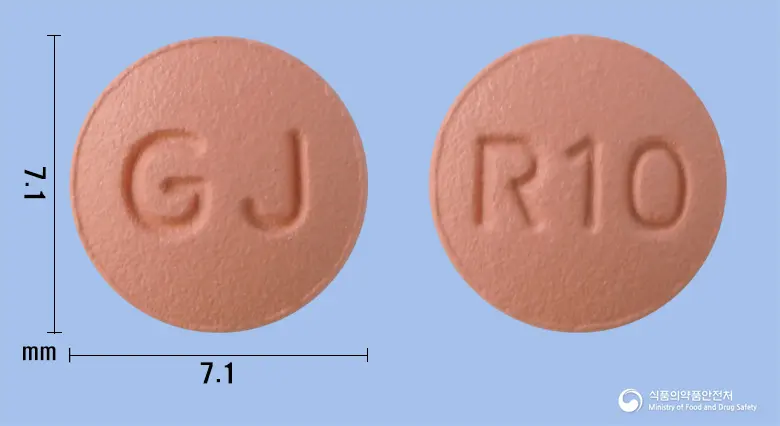 유니로바정10mg(로수바스타틴칼슘) 앞뒤 사진 (분홍색 원형, 각인 R10)