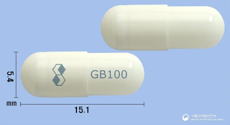 레바펜틴캡슐100밀리그램(가바펜틴) 앞뒤 사진 (흰색 캡슐, 각인 GB100)