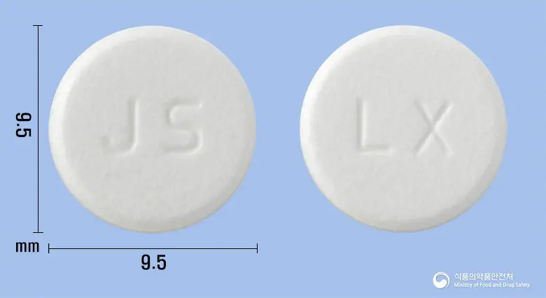 로소펜정(록소프로펜나트륨수화물) 앞뒤 사진 (흰색 원형, 각인 JS / LX)