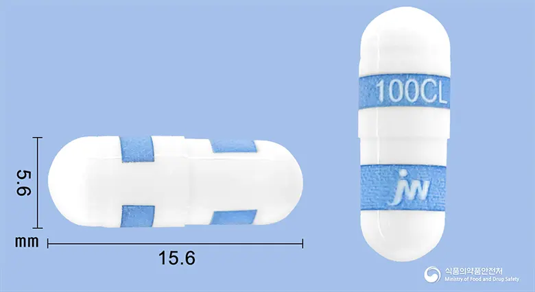 제이브렉스캡슐100밀리그램(세레콕시브) 앞뒤 사진 (흰색 캡슐, 각인 100CL)