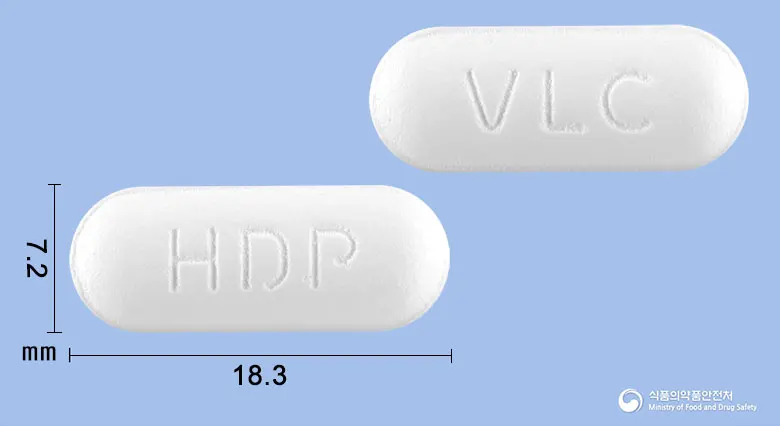 발트발라정(발라시클로비르염산염) 앞뒤 사진 (흰색 장방형, 각인 HDP / VLC)