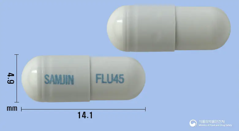 삼진플루캡슐45mg(오셀타미비르인산염) 앞뒤 사진 (회색 캡슐, 각인 SAMJIN FLU45)