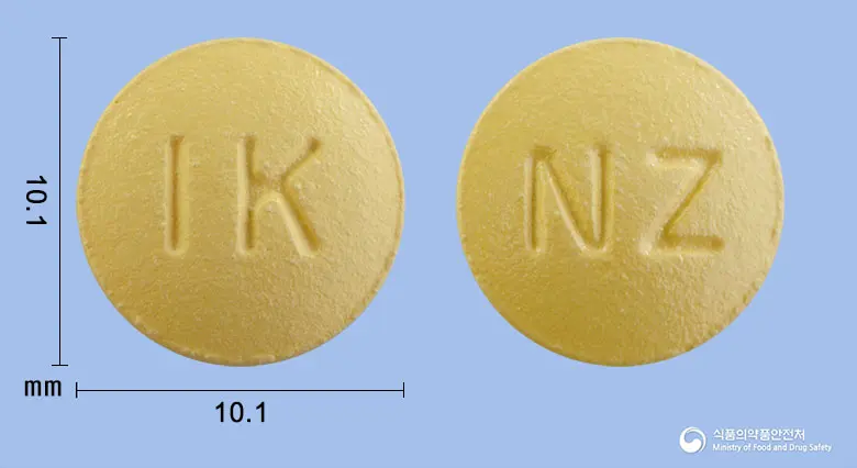니자로틴정150mg(니자티딘) 앞뒤 사진 (노란색 원형, 각인 IK / NZ)