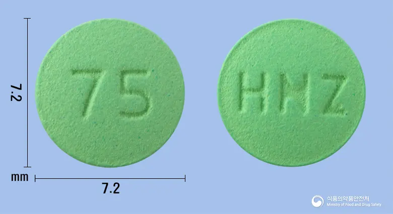 휴니틴정75mg(라니티딘염산염) 앞뒤 사진 (연두색 원형, 각인 75 / HNZ)