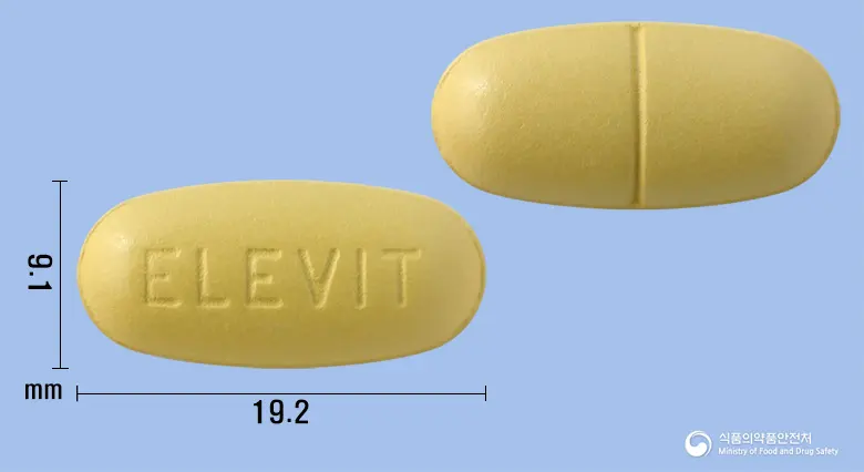 엘레비트정 앞뒤 사진 (노란색 타원형, 각인 ELEVIT)