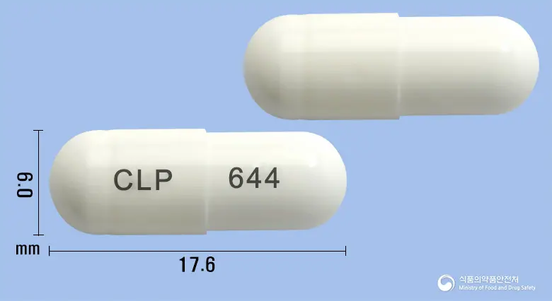 리프레가캡슐150밀리그램(프레가발린) 앞뒤 사진 (흰색 캡슐, 각인 CLP 644)