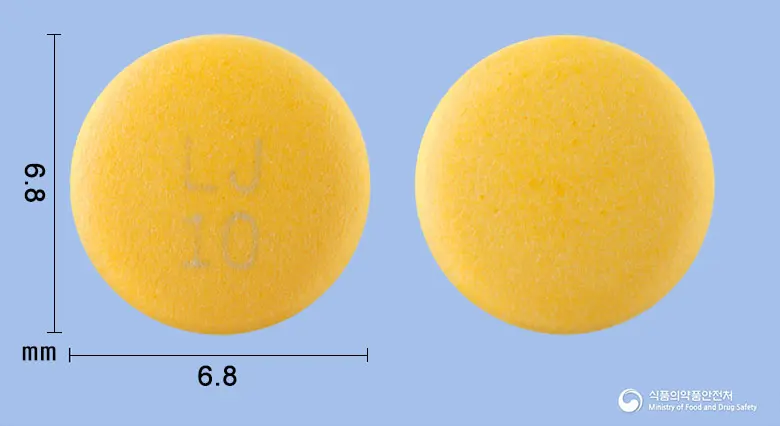 보리라베정10mg(라베프라졸나트륨) 앞뒤 사진 (노란색 원형, 각인 LJ10)