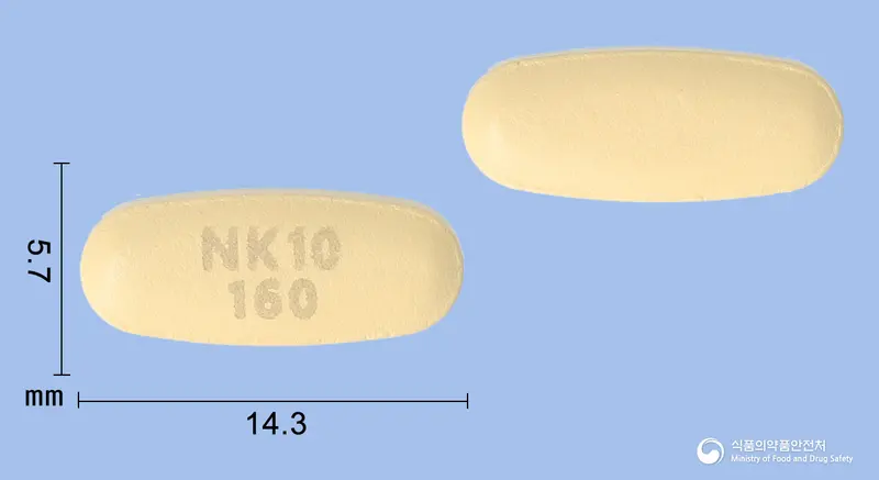 엑스로탄정10/160밀리그램 앞뒤 사진 (주황색 타원형, 각인 NK10160)