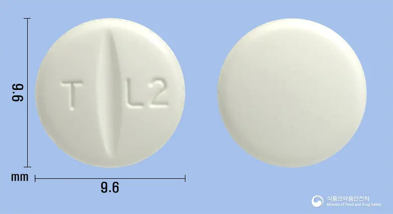 텔미일정80mg(텔미사르탄) 앞뒤 사진 (흰색 원형, 각인 T L2)