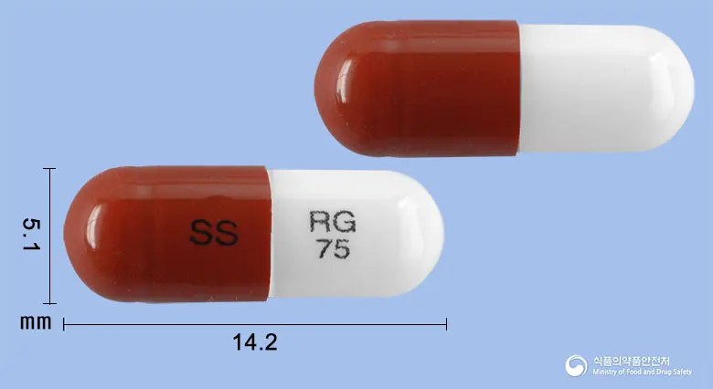 삼성프레가발린캡슐75mg 앞뒤 사진 (갈색 캡슐, 각인 SS RG75)