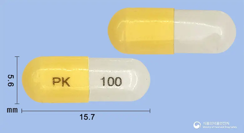 가바스탄캡슐100mg(가바펜틴) 앞뒤 사진 (노란색 캡슐, 각인 PK 100)