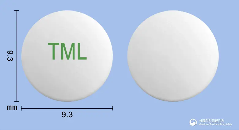 큐미날서방정0.2mg(탐스로신염산염) 앞뒤 사진 (흰색 원형, 각인 TML)