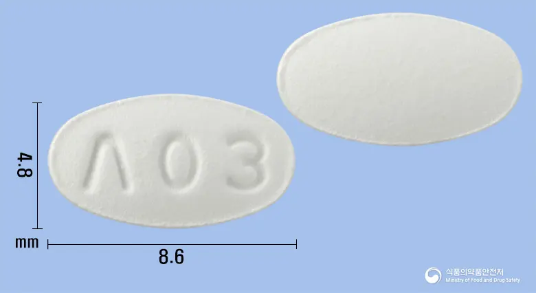 인듀엣정5mg/10mg 앞뒤 사진 (흰색 타원형, 각인 Λ03)