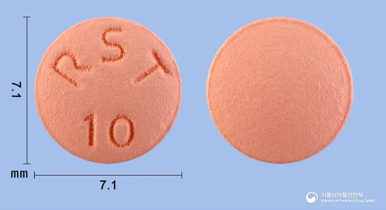 로스타정10mg(로수바스타틴칼슘) 앞뒤 사진 (분홍색 원형, 각인 RST10)