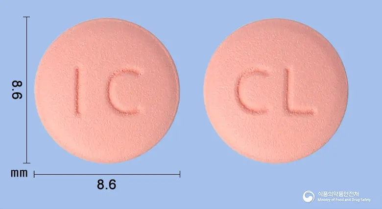 클로큐어정75밀리그램(클로피도그렐황산염) 앞뒤 사진 (분홍색 원형, 각인 IC / CL)
