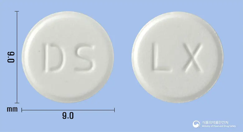 록소앤정(록소프로펜나트륨수화물) 앞뒤 사진 (흰색 원형, 각인 DS / LX)