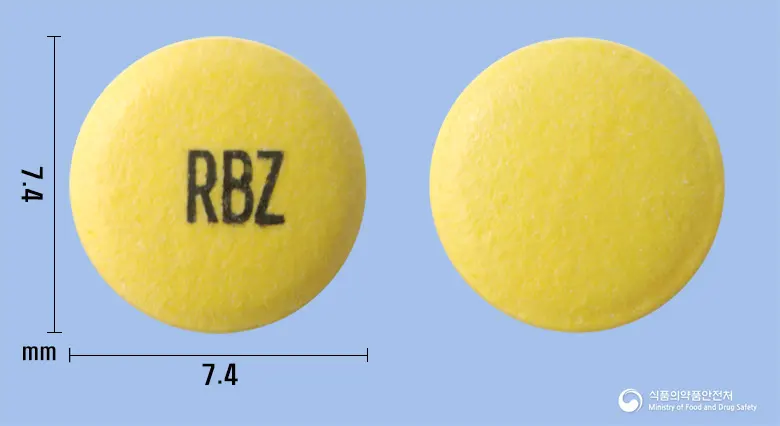 라베라즈정20mg(라베프라졸나트륨) 앞뒤 사진 (노란색 원형, 각인 RBZ)
