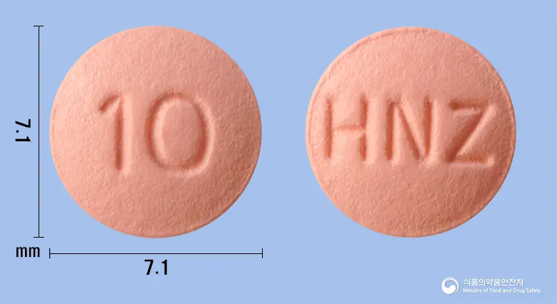 크레로스정10mg(로수바스타틴칼슘) 앞뒤 사진 (분홍색 원형, 각인 10 / HNZ)