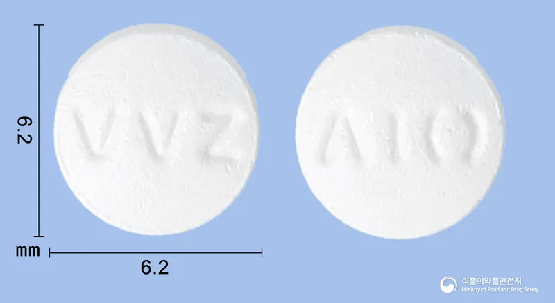 비보존아토르바스타틴정10mg(아토르바스타틴칼슘삼수화물) 앞뒤 사진 (흰색 원형, 각인 VVZ / Λ10)