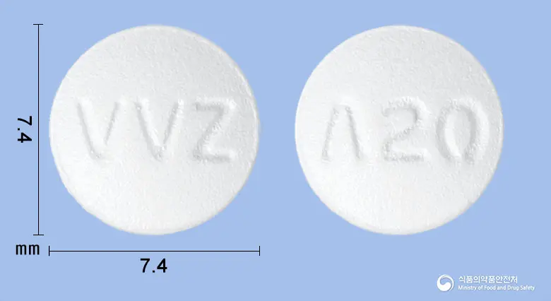 비보존아토르바스타틴정20mg(아토르바스타틴칼슘삼수화물) 앞뒤 사진 (흰색 원형, 각인 VVZ / Λ20)