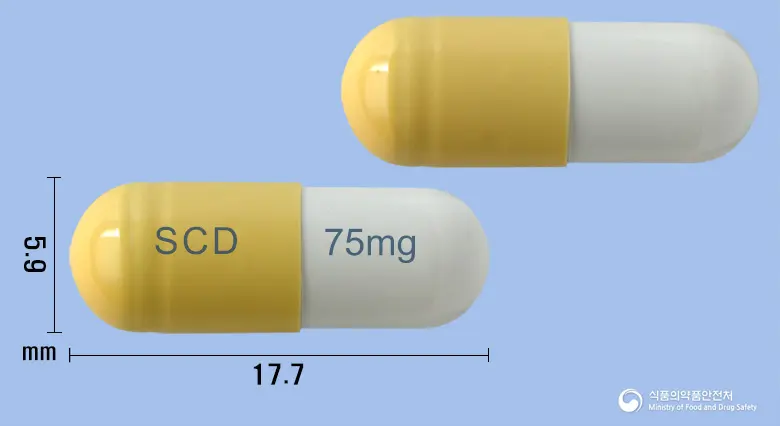 타미르캡슐75mg(오셀타미비르인산염) 앞뒤 사진 (노란색 캡슐, 각인 SCD 75mg)