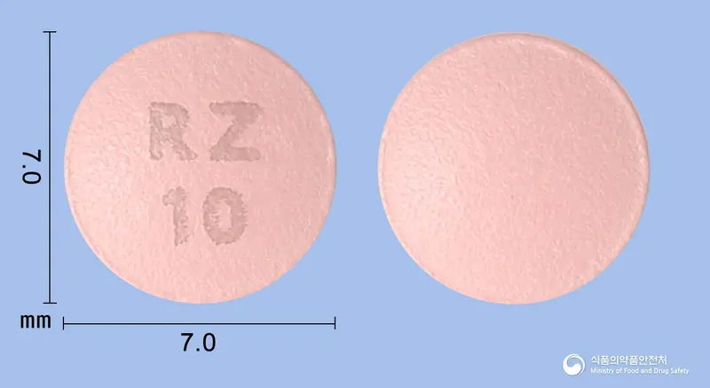 로슈바정10mg(로수바스타틴칼슘) 앞뒤 사진 (분홍색 원형, 각인 RZ10)