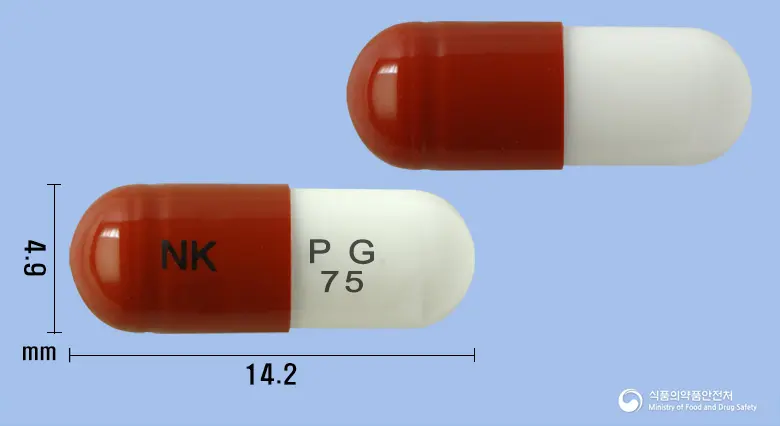 넥리카캡슐75mg(프레가발린) 앞뒤 사진 (갈색 캡슐, 각인 NK PG 75)