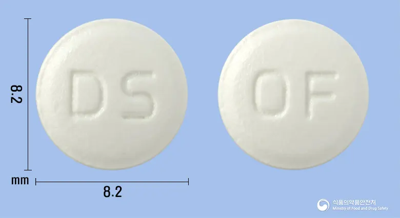 동성오플록사신정100mg(오플록사신) 앞뒤 사진 (흰색 원형, 각인 DS / OF)