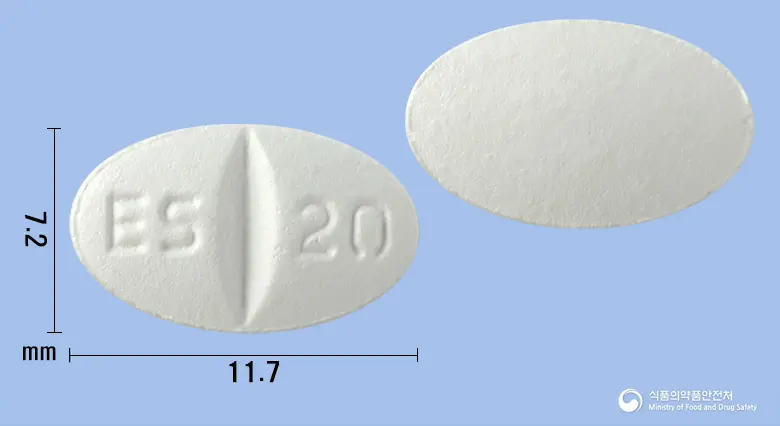 이지프람정20mg(에스시탈로프람옥살산염) 앞뒤 사진 (흰색 타원형, 각인 ES 20)