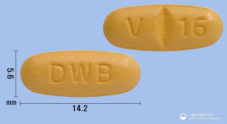 디오브이정160mg(발사르탄) 앞뒤 사진 (주황색 타원형, 각인 DWB / V 16)