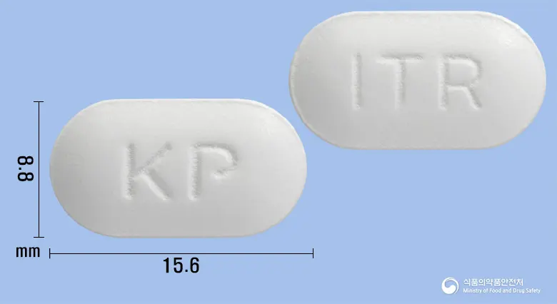 파마이트라코나졸정100mg 앞뒤 사진 (흰색 장방형, 각인 KP / ITR)